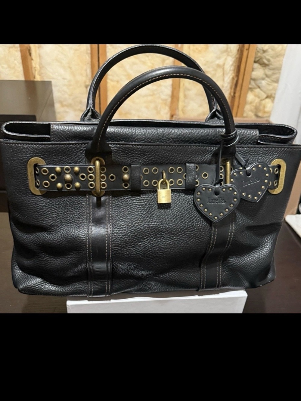 Luella Black large Leather Studded Tote Bag with top handle padlock Heart Charm.